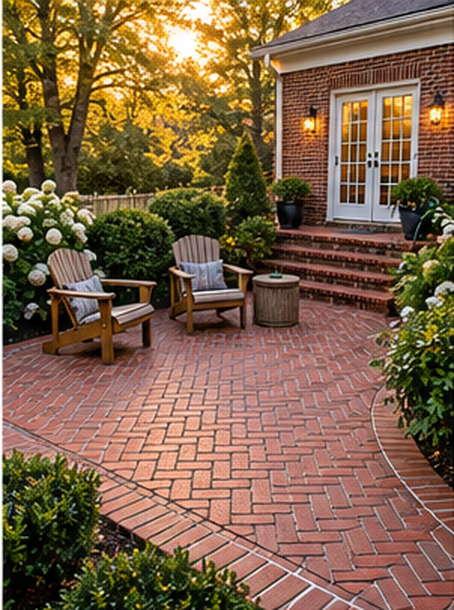 Red clay brick patio in a herringbone pattern with Adirondack chairs behind a brick colonial home, installed by SiteDoctorMD in Silver Spring, MD