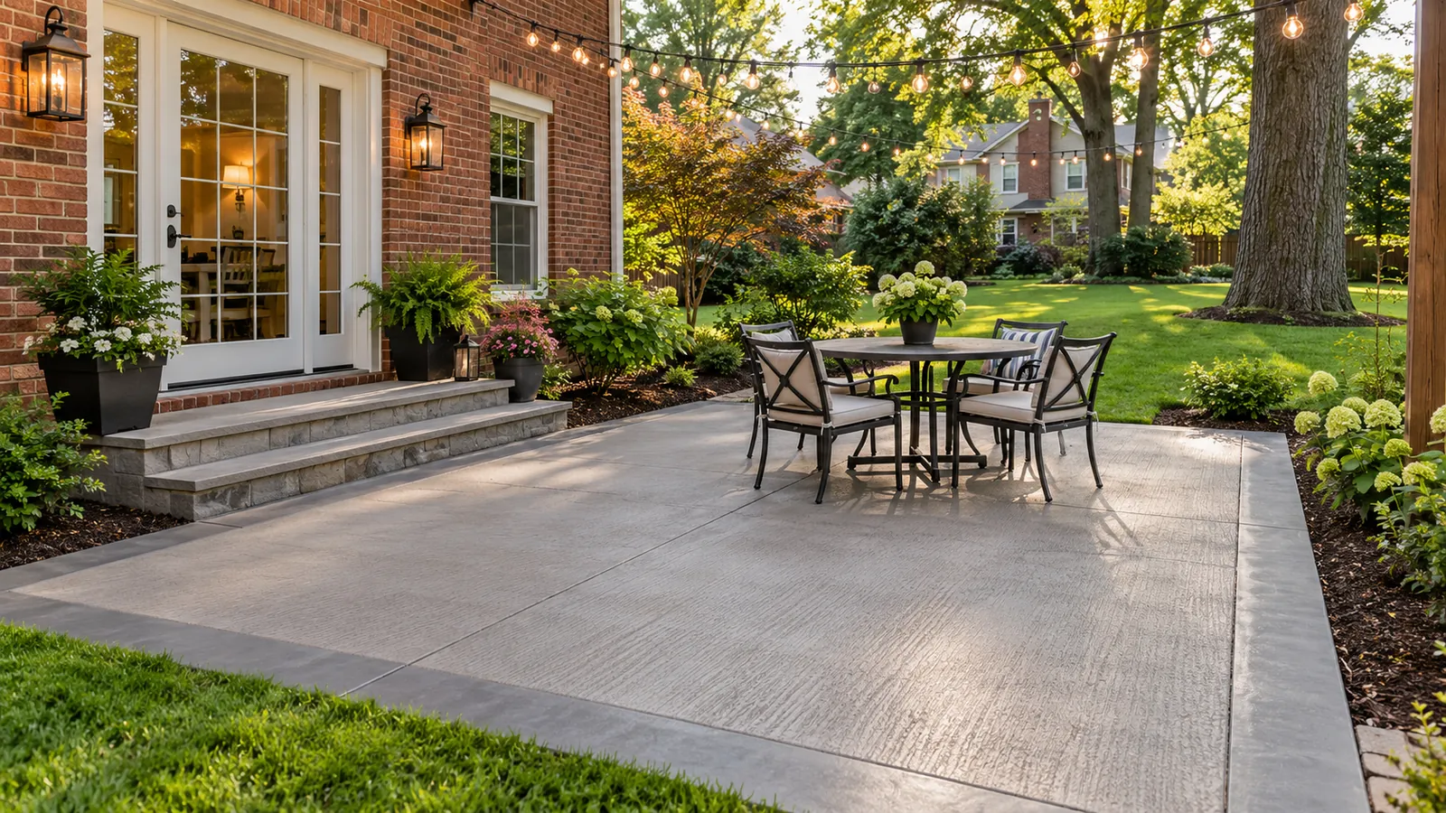Broom-finish concrete patio with a smooth border and bistro table off the French doors of a brick home in Silver Spring, MD, poured by SiteDoctorMD