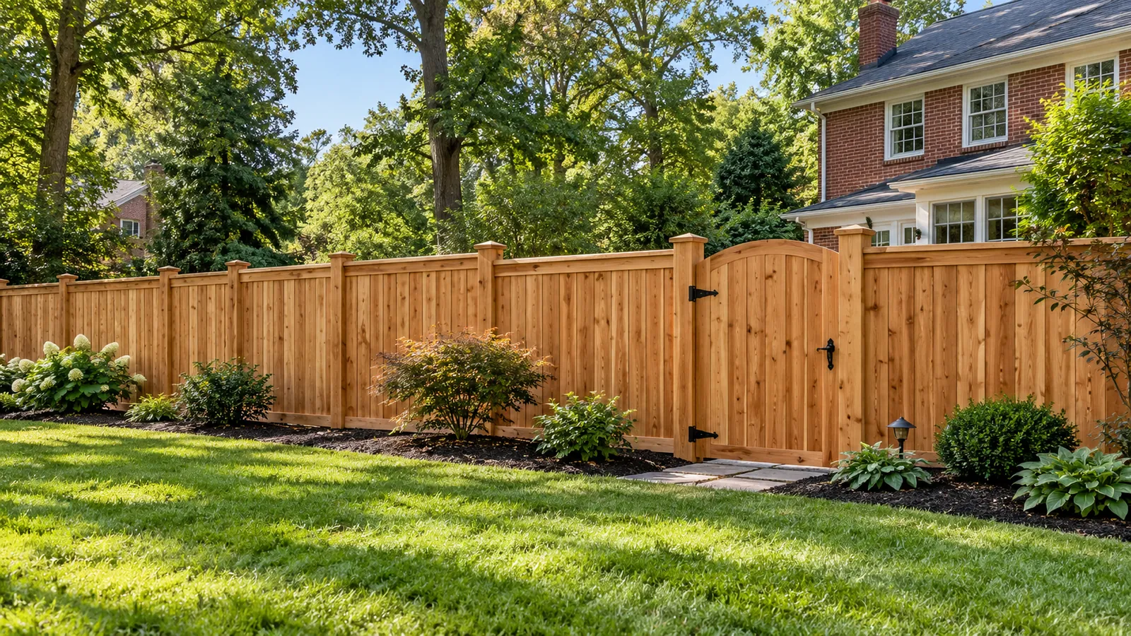 New cedar privacy fence with a matching walk-through gate and landscaped beds in a Silver Spring, MD backyard, installed by SiteDoctorMD