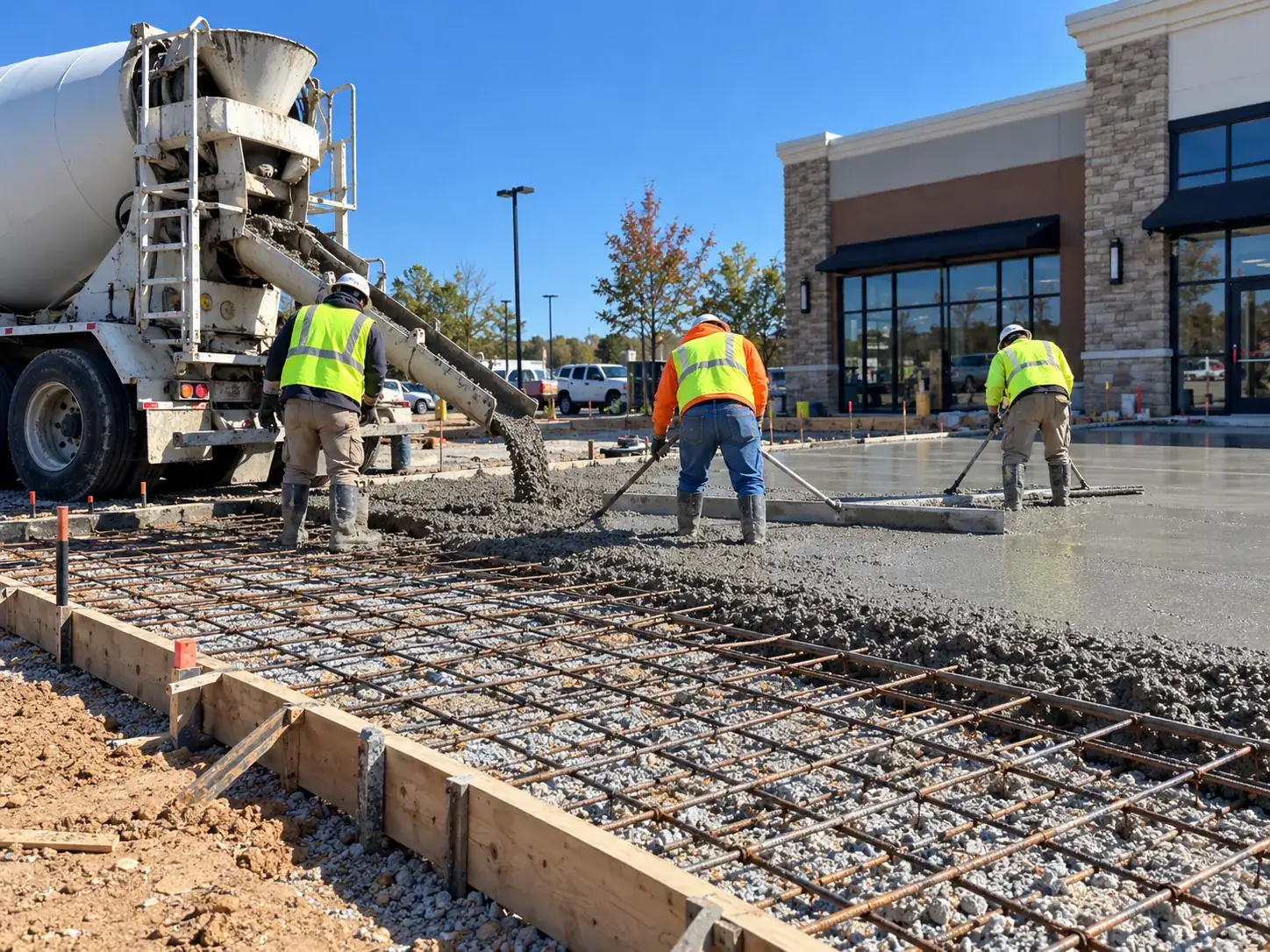 SiteDoctorMD crew placing a commercial concrete slab over rebar from a ready-mix truck at a retail site in Montgomery County, MD