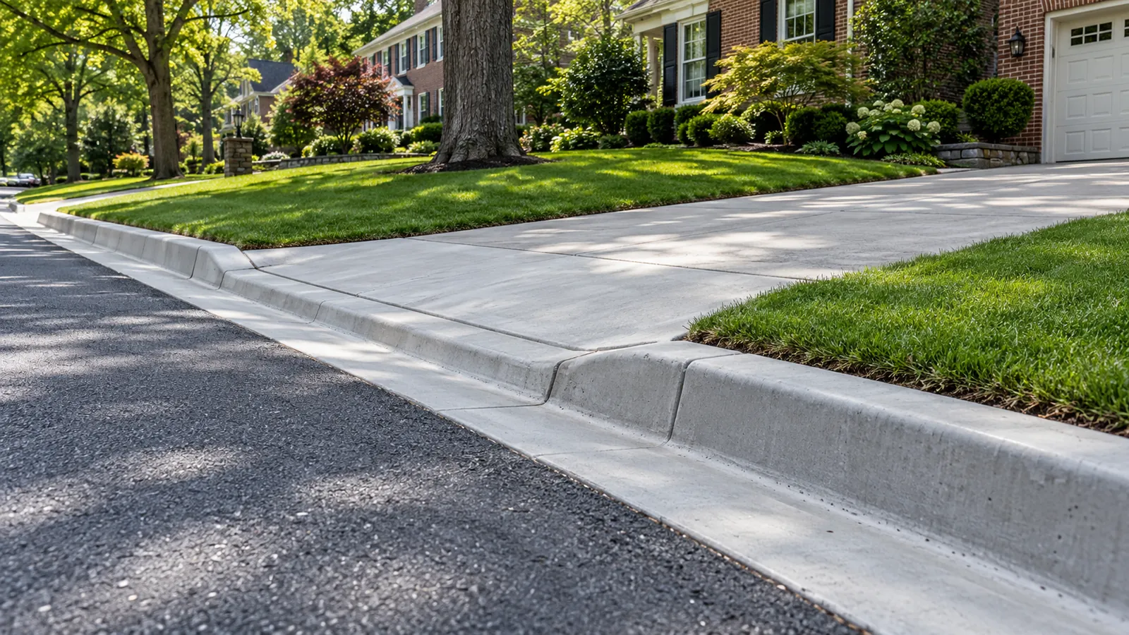 New poured concrete curb and gutter along an asphalt street meeting a concrete driveway apron in a Silver Spring, MD neighborhood, built by SiteDoctorMD