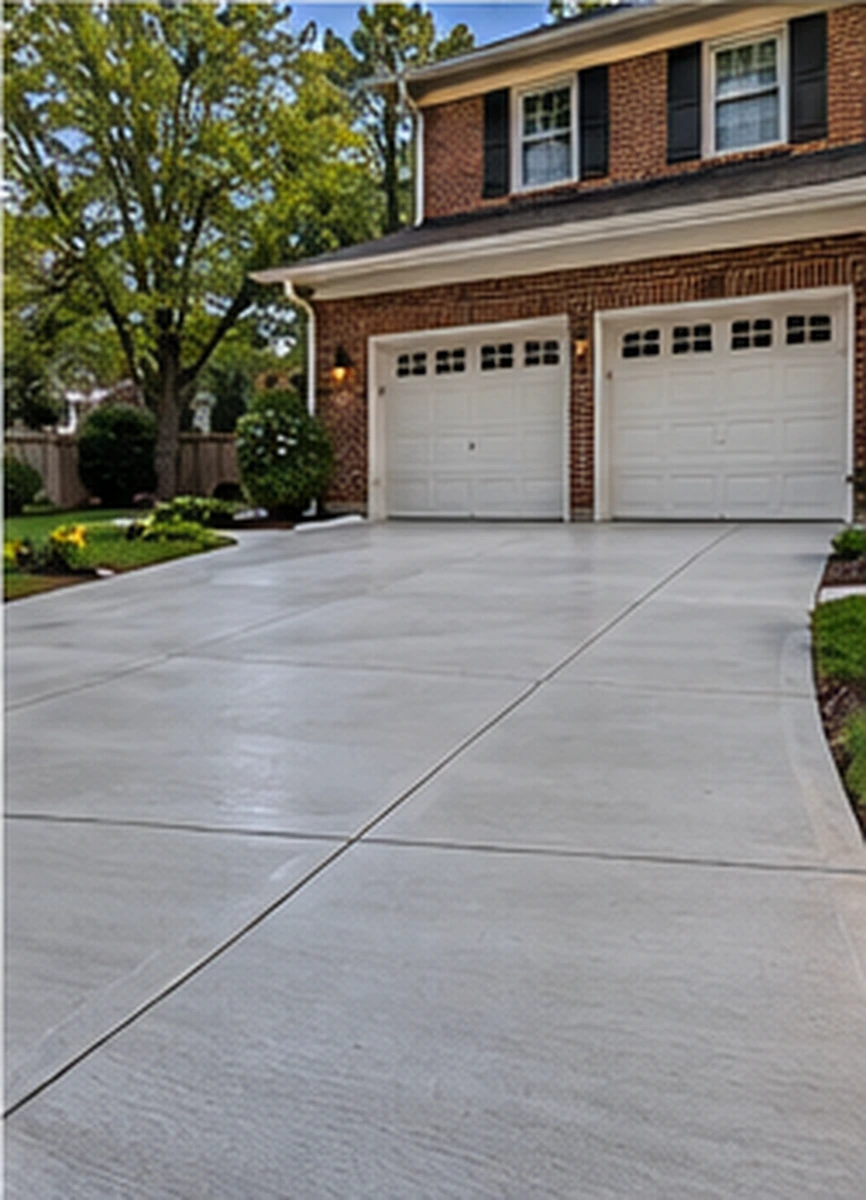 New broom-finish concrete driveway with saw-cut joints leading to a two-car garage, installed by SiteDoctorMD in Silver Spring, MD