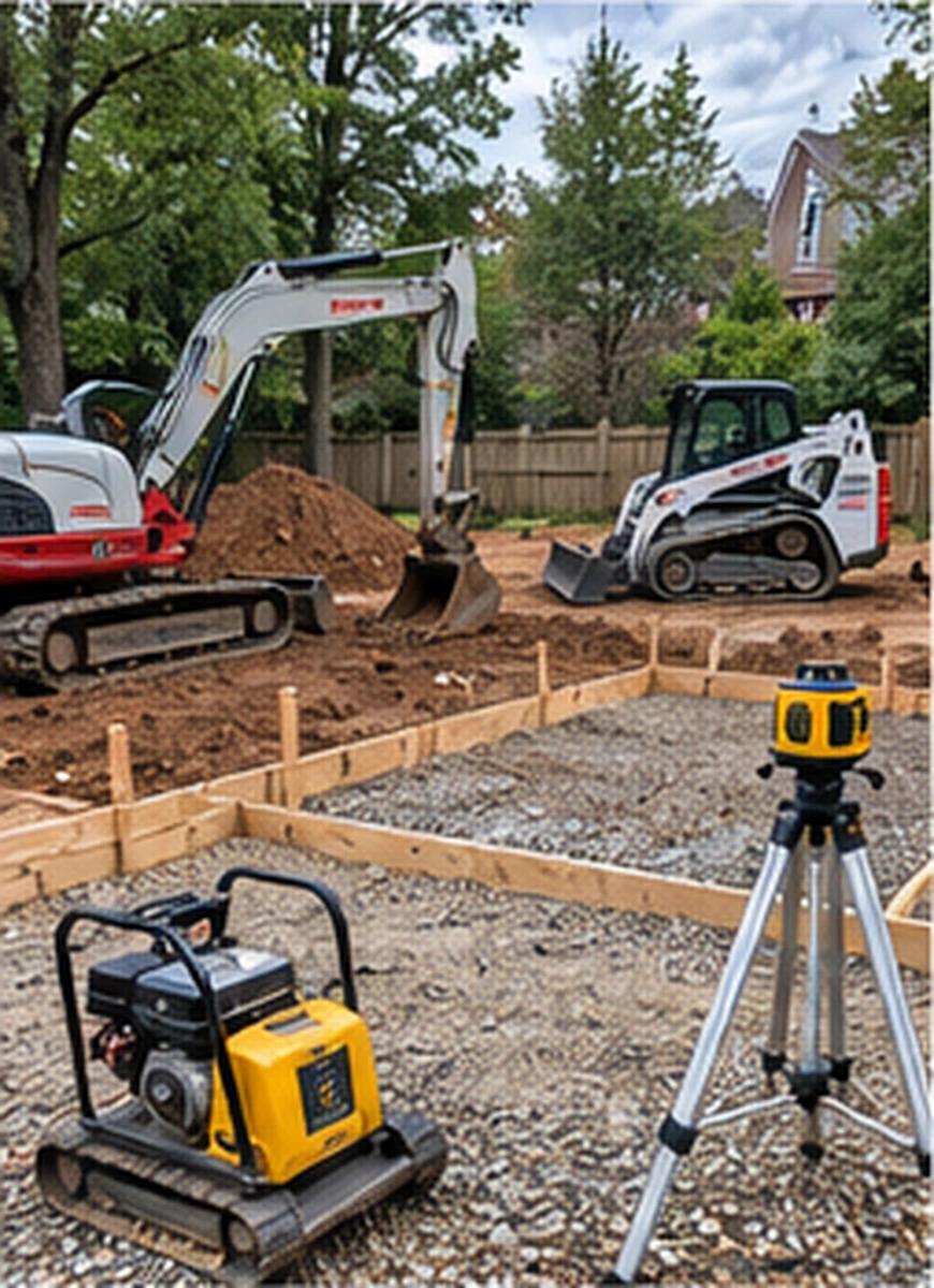 SiteDoctorMD compact excavator, skid steer, plate compactor, and laser level preparing a compacted stone base and patio forms in Maryland