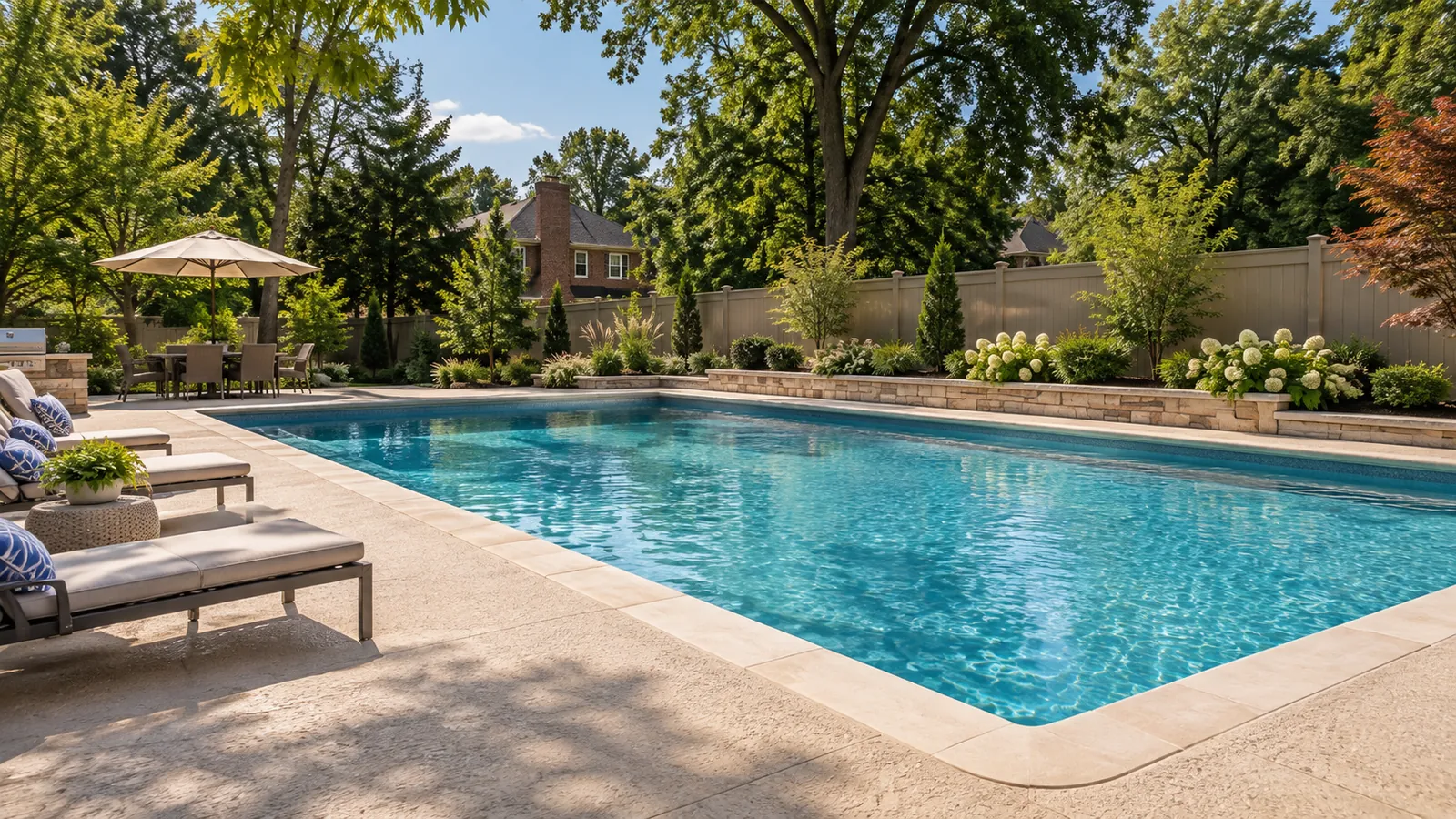 Slip-resistant textured concrete pool deck with bullnose coping around an in-ground pool in a Silver Spring, MD backyard, by SiteDoctorMD