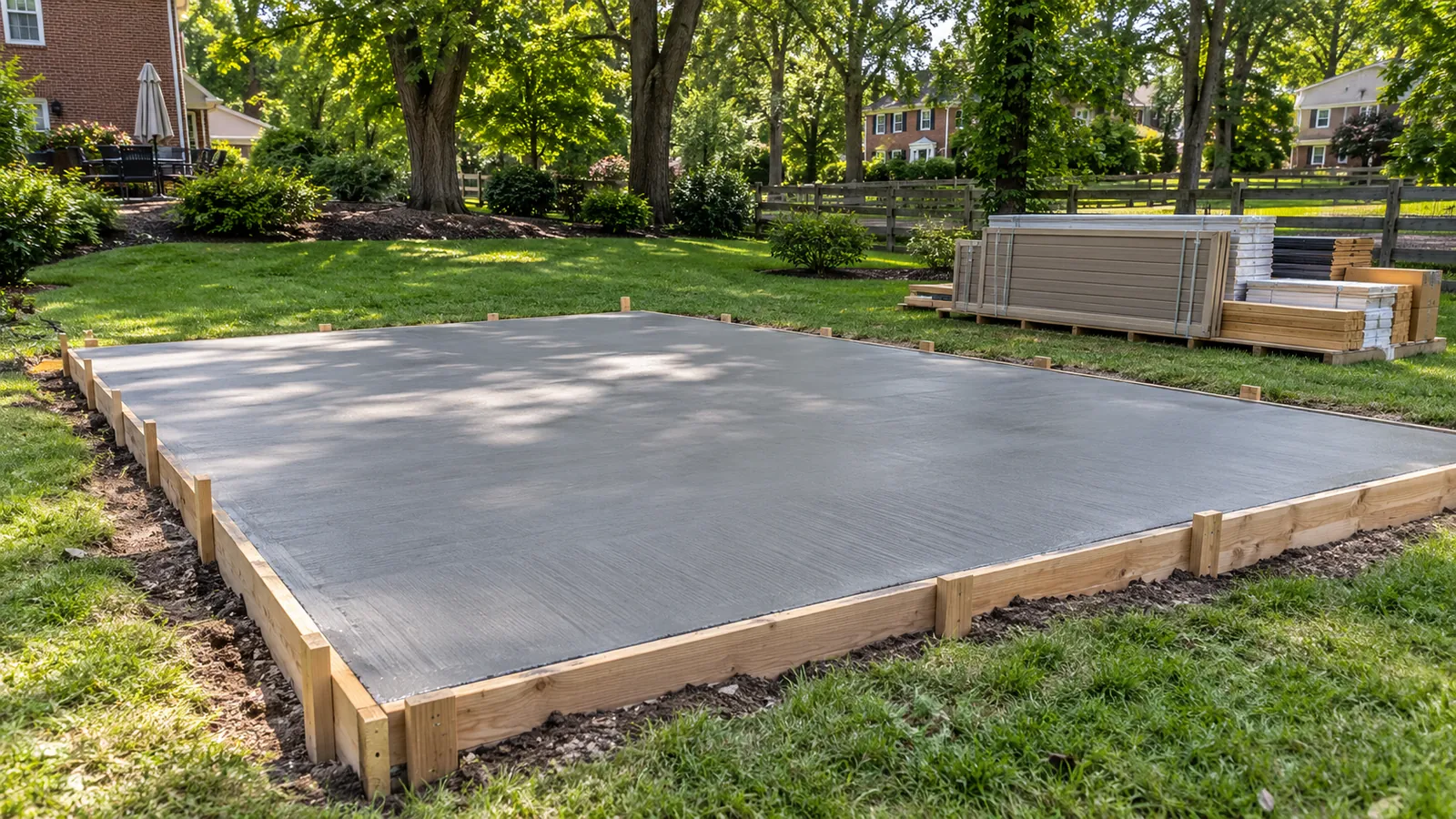 Freshly finished concrete slab pad inside wood forms in a Maryland backyard, with shed materials staged nearby, poured by SiteDoctorMD