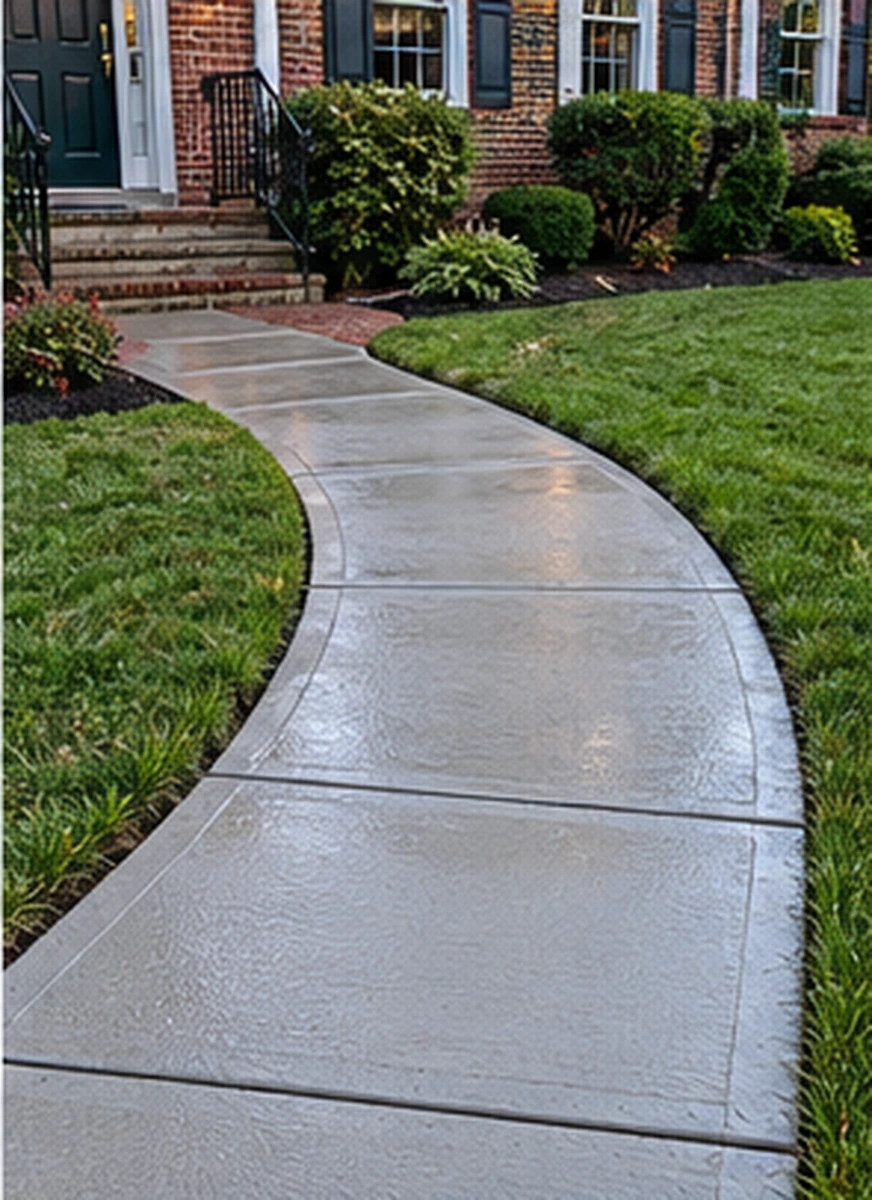 New curved broom-finish concrete front walkway with tooled control joints leading to a brick colonial, built by SiteDoctorMD in Silver Spring, MD
