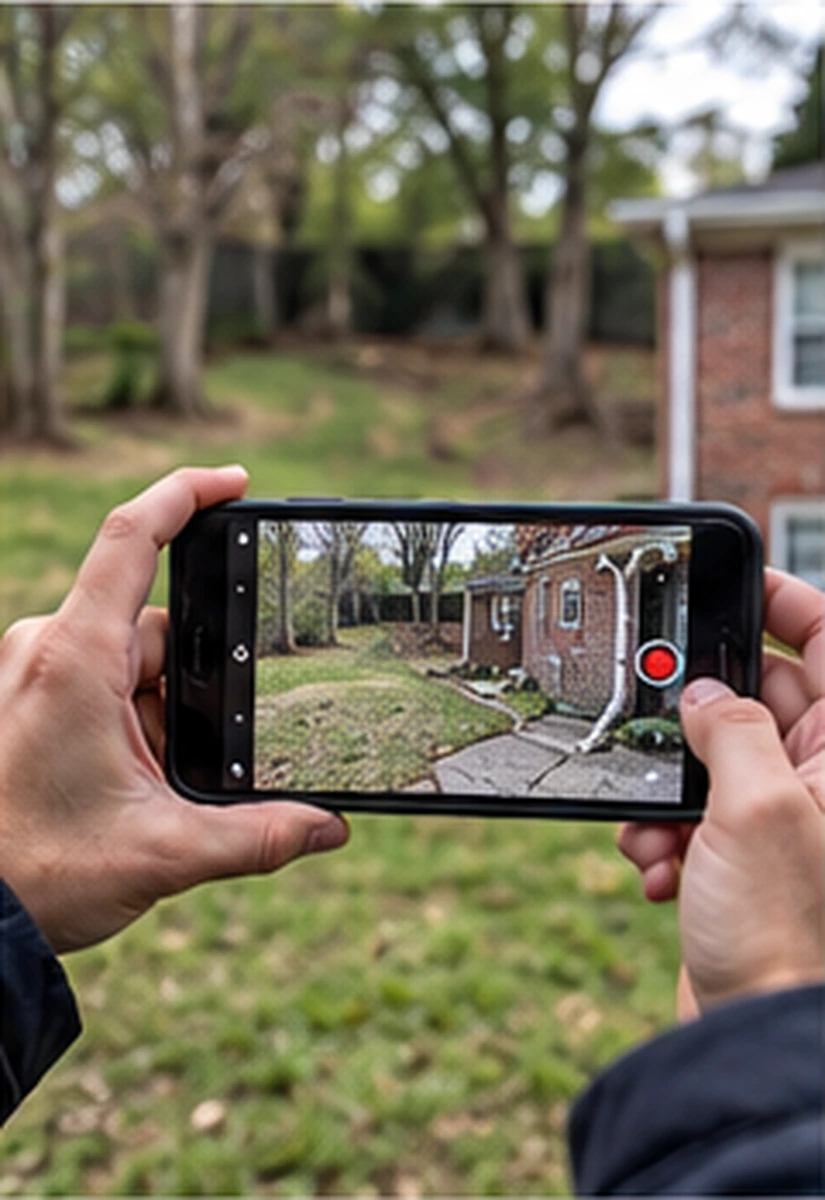 Homeowner recording a smartphone video walk-around of a Maryland backyard before a SiteDoctorMD hardscaping project