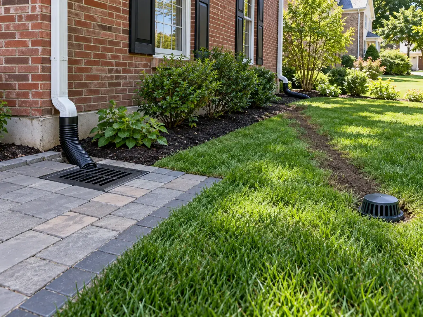SiteDoctorMD downspout tied into buried drain pipe with a catch basin grate in a paver walkway and pop-up emitter in the lawn, Silver Spring, MD
