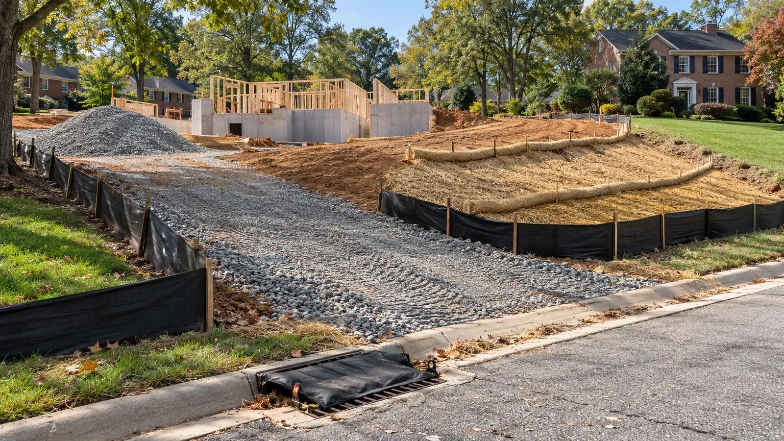 Silt fence, straw wattles, stabilized gravel construction entrance, and inlet protection on a graded lot in Montgomery County, MD, installed by SiteDoctorMD