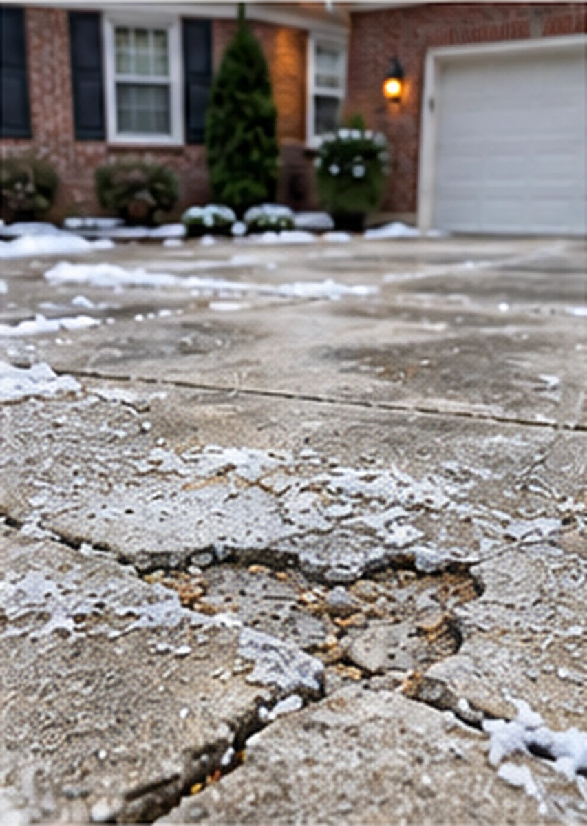 Close-up of freeze-thaw scaling, spalling, and cracking on a concrete driveway in winter in Silver Spring, MD — damage SiteDoctorMD repairs