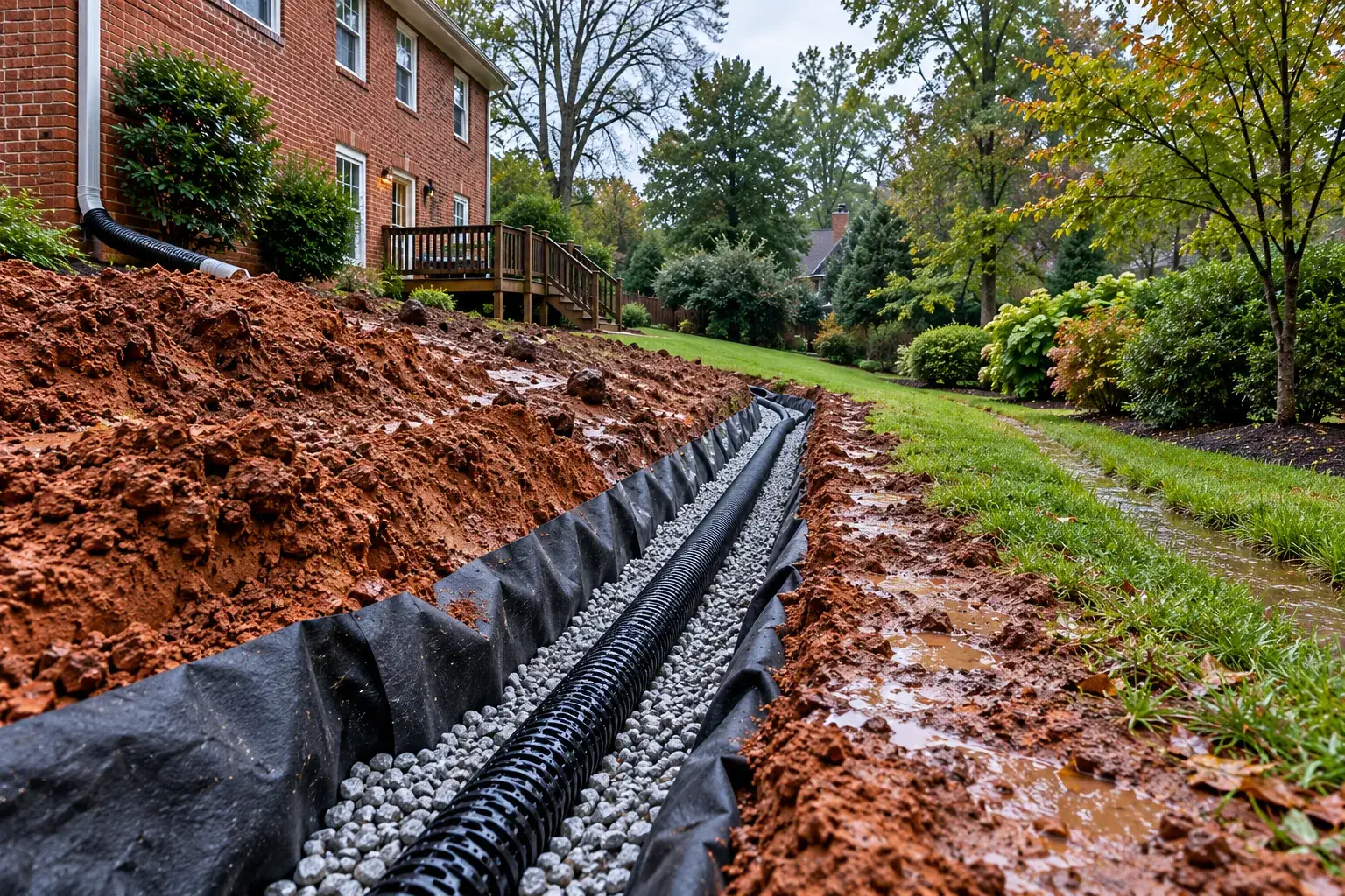 SiteDoctorMD backyard French drain installation with perforated pipe on gravel and filter fabric sloping away from a brick home in Silver Spring, MD