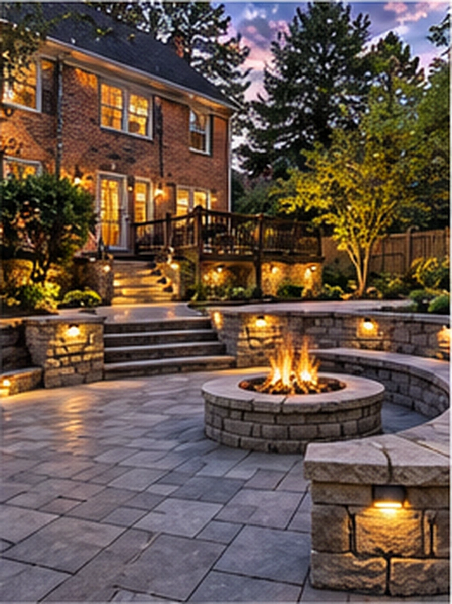 SiteDoctorMD paver patio with curved stone seat walls, built-in fire pit, and low-voltage lighting at dusk in Silver Spring, MD