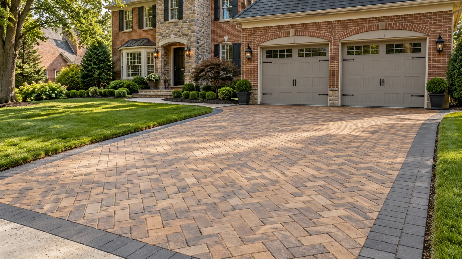 Herringbone paver driveway with a charcoal border leading to a two-car garage at a brick and stone home in Silver Spring, MD, installed by SiteDoctorMD