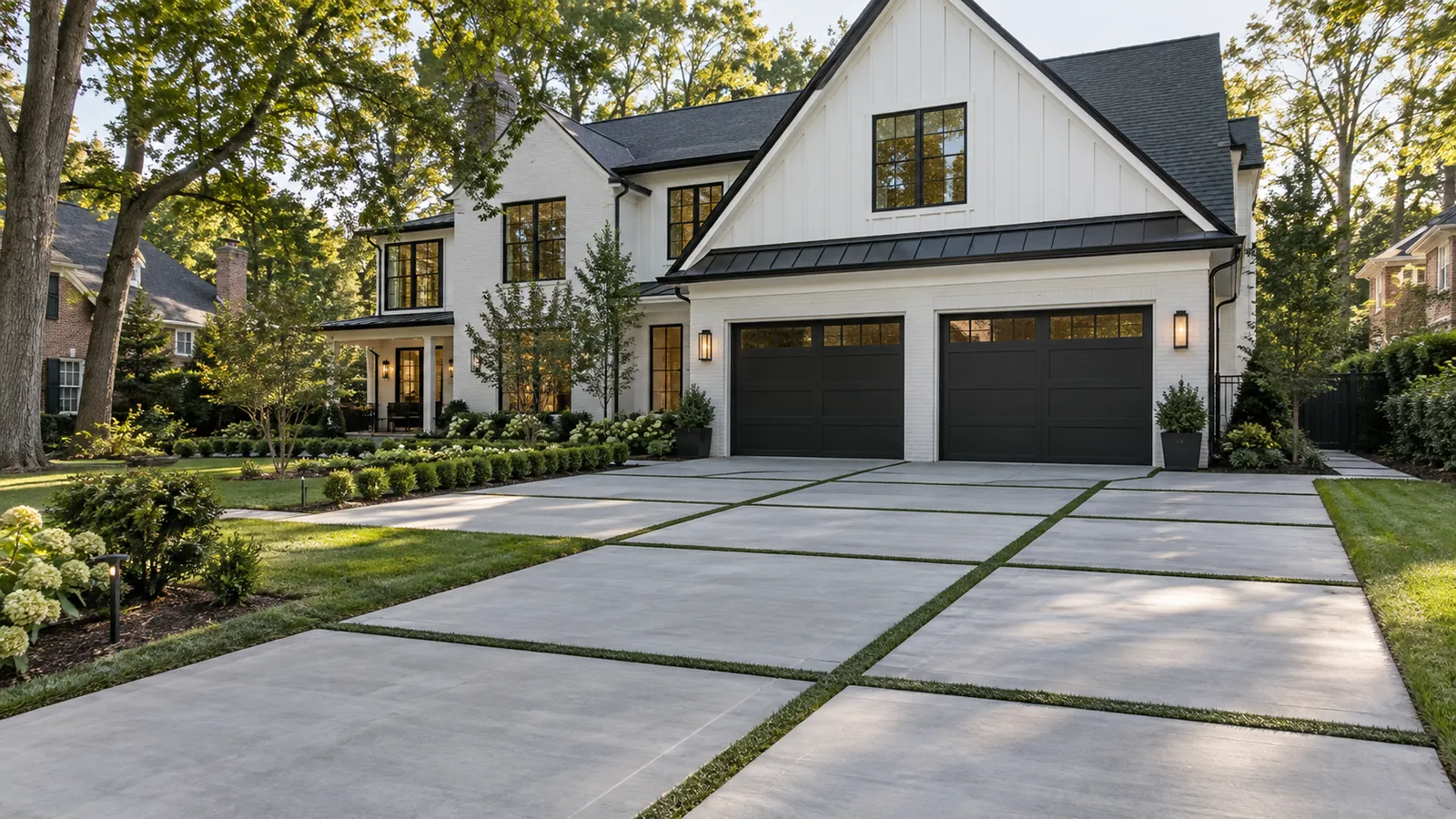 Modern concrete driveway of large slabs with grass joints leading to a white farmhouse garage in Silver Spring, MD, installed by SiteDoctorMD