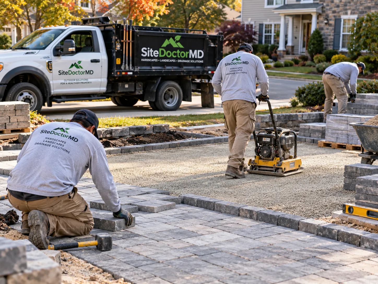 SiteDoctorMD crew setting pavers and running a plate compactor at a residential patio job in Maryland, with the SiteDoctorMD work truck at the curb