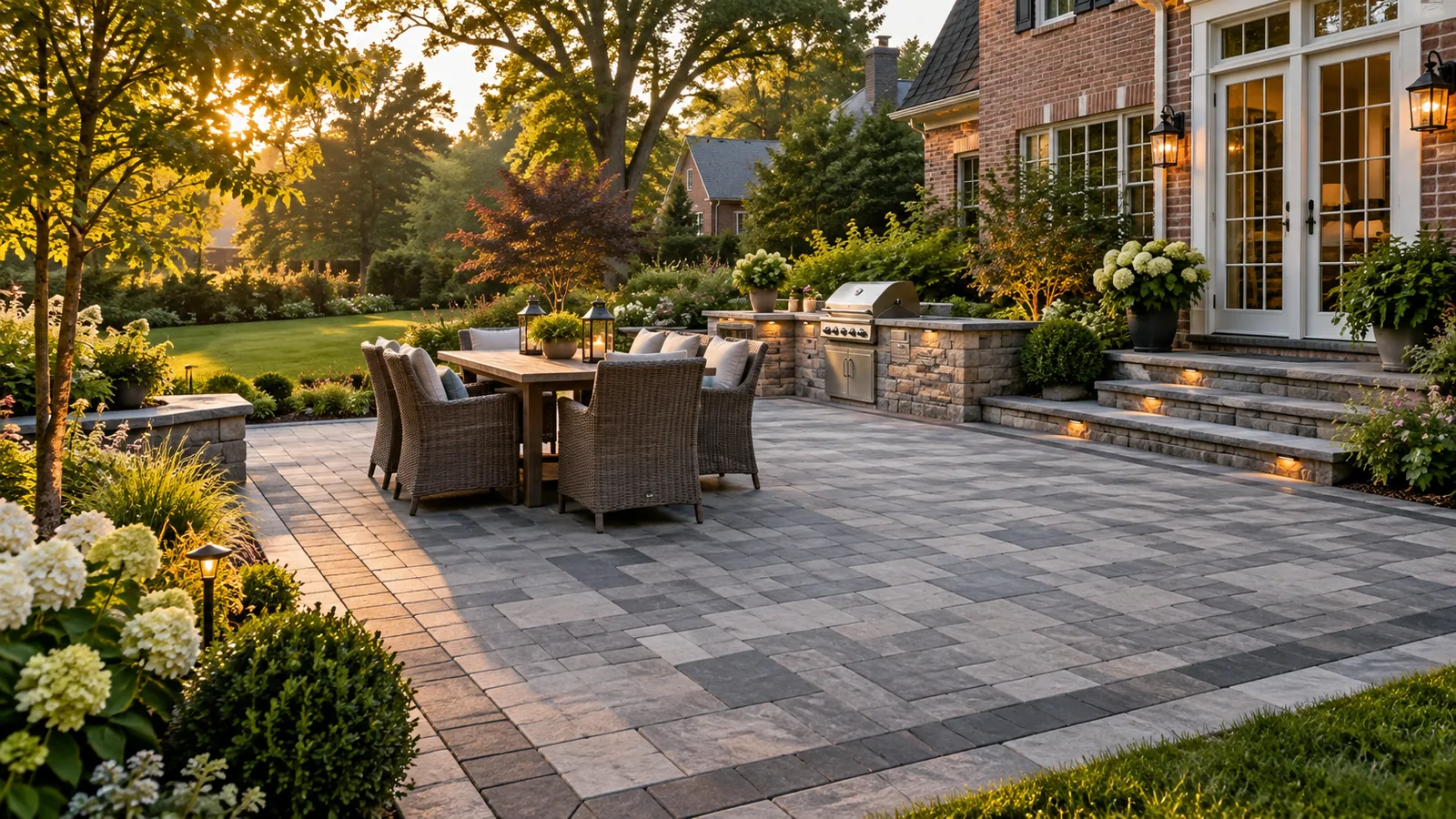 Paver patio with dark soldier-course border, outdoor kitchen with grill, dining set, and lighted stone steps at a brick home in Silver Spring, MD by SiteDoctorMD