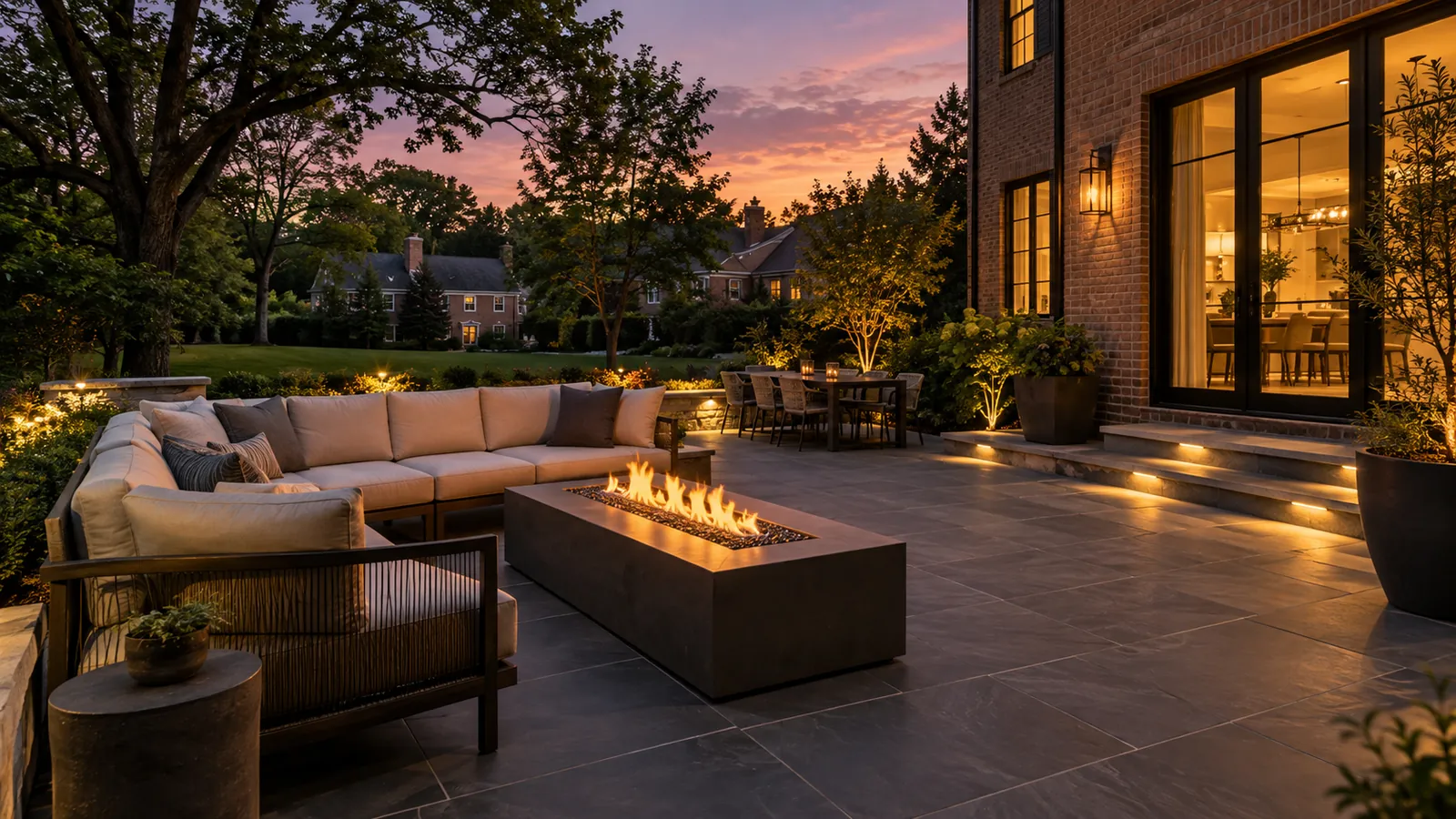 Large-format porcelain patio with a linear gas fire table, sectional seating, and lighted steps at dusk in Silver Spring, MD, by SiteDoctorMD