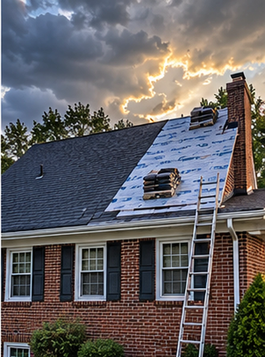 SiteDoctorMD roof replacement in progress on a brick colonial in Silver Spring, MD, with new architectural shingles over synthetic underlayment