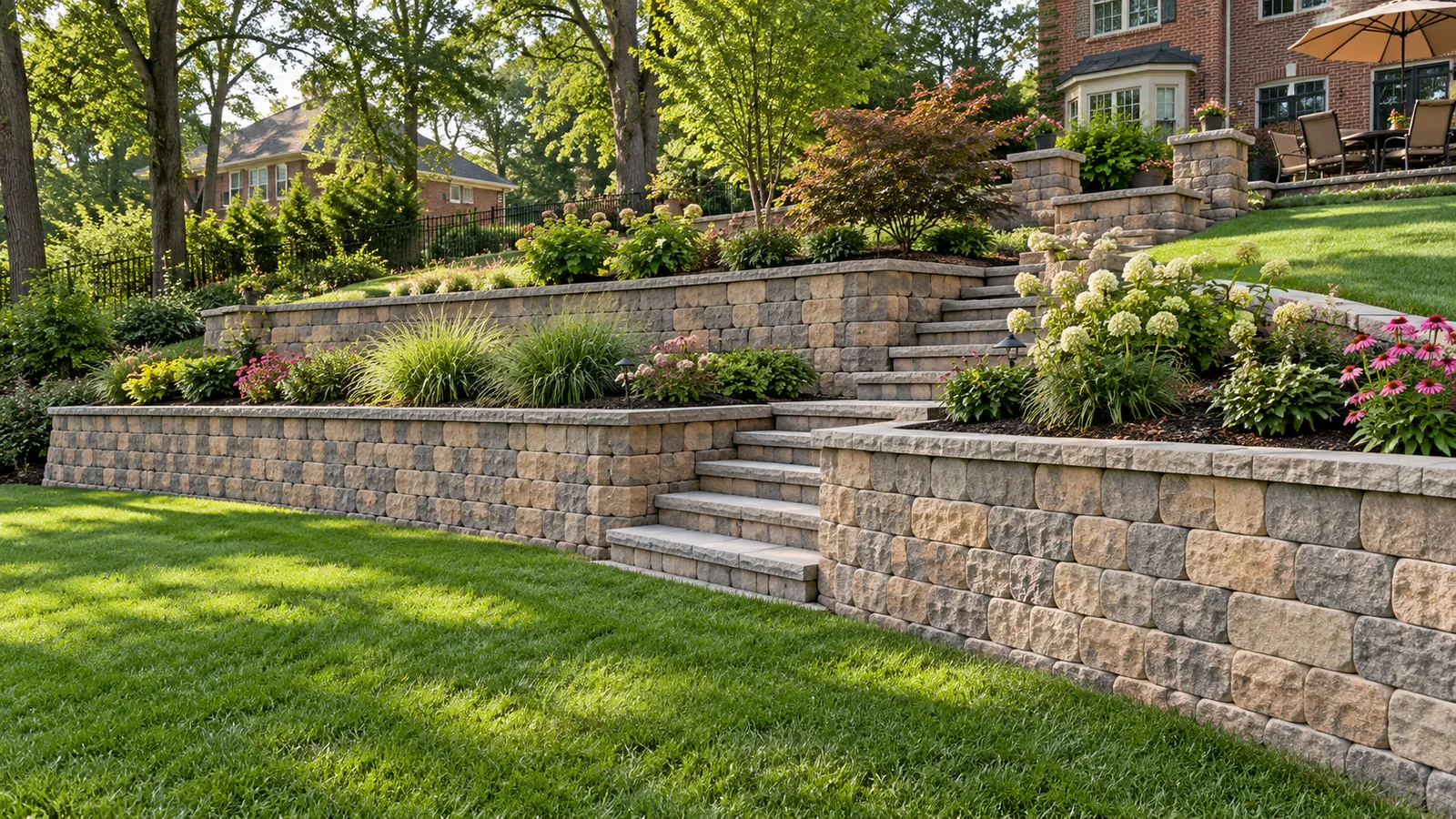 Terraced segmental block retaining walls with built-in steps and planting beds on a sloped Silver Spring, MD yard, built by SiteDoctorMD