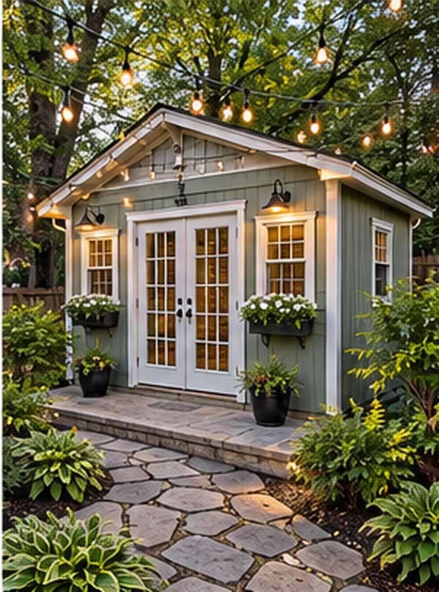 Sage green she shed with French doors, window boxes, and string lights on a flagstone path in a Maryland backyard, built by SiteDoctorMD
