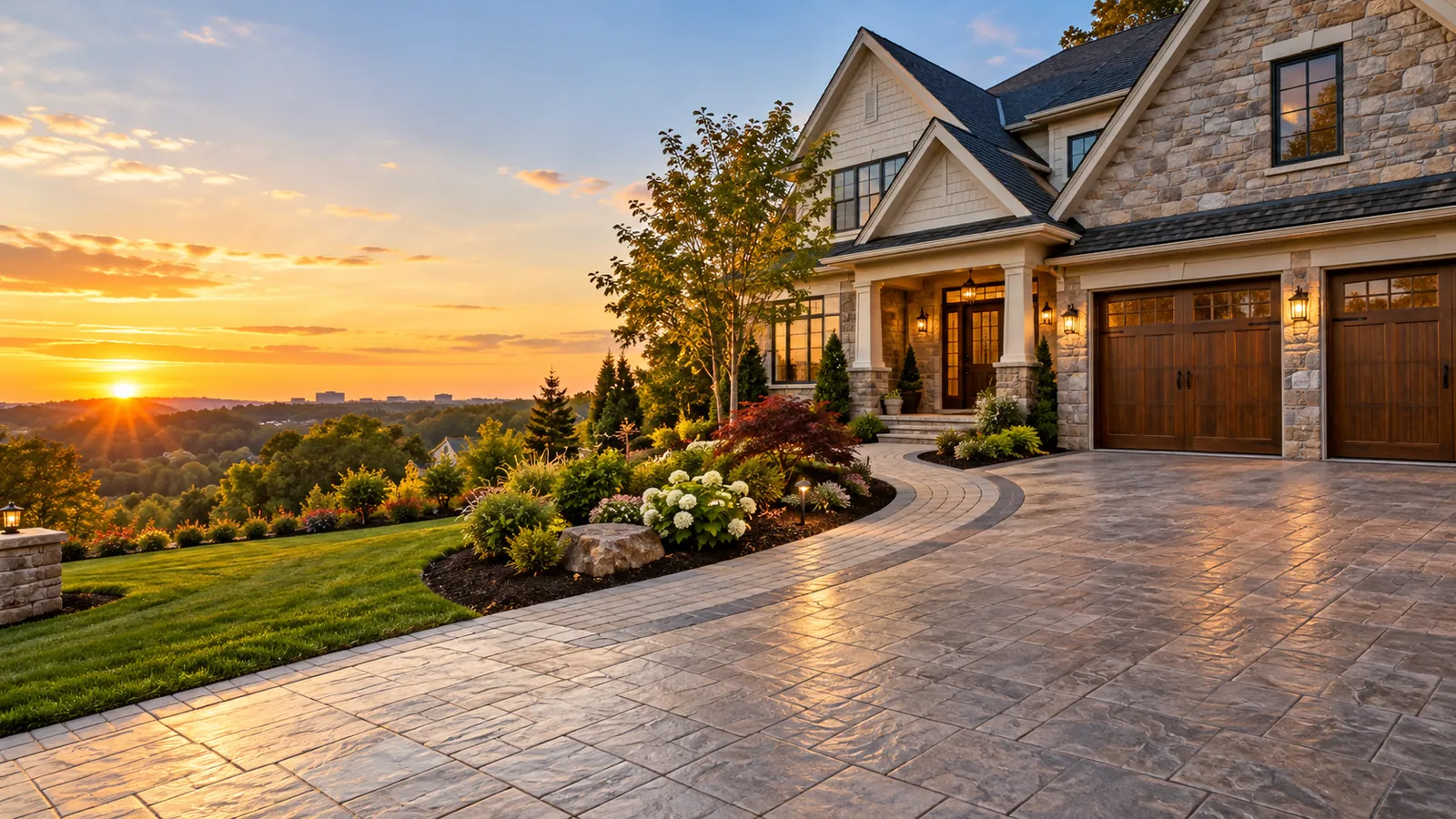 SiteDoctorMD stamped concrete driveway and paver walkway with landscaped beds at a stone-front home in Silver Spring, MD at sunset