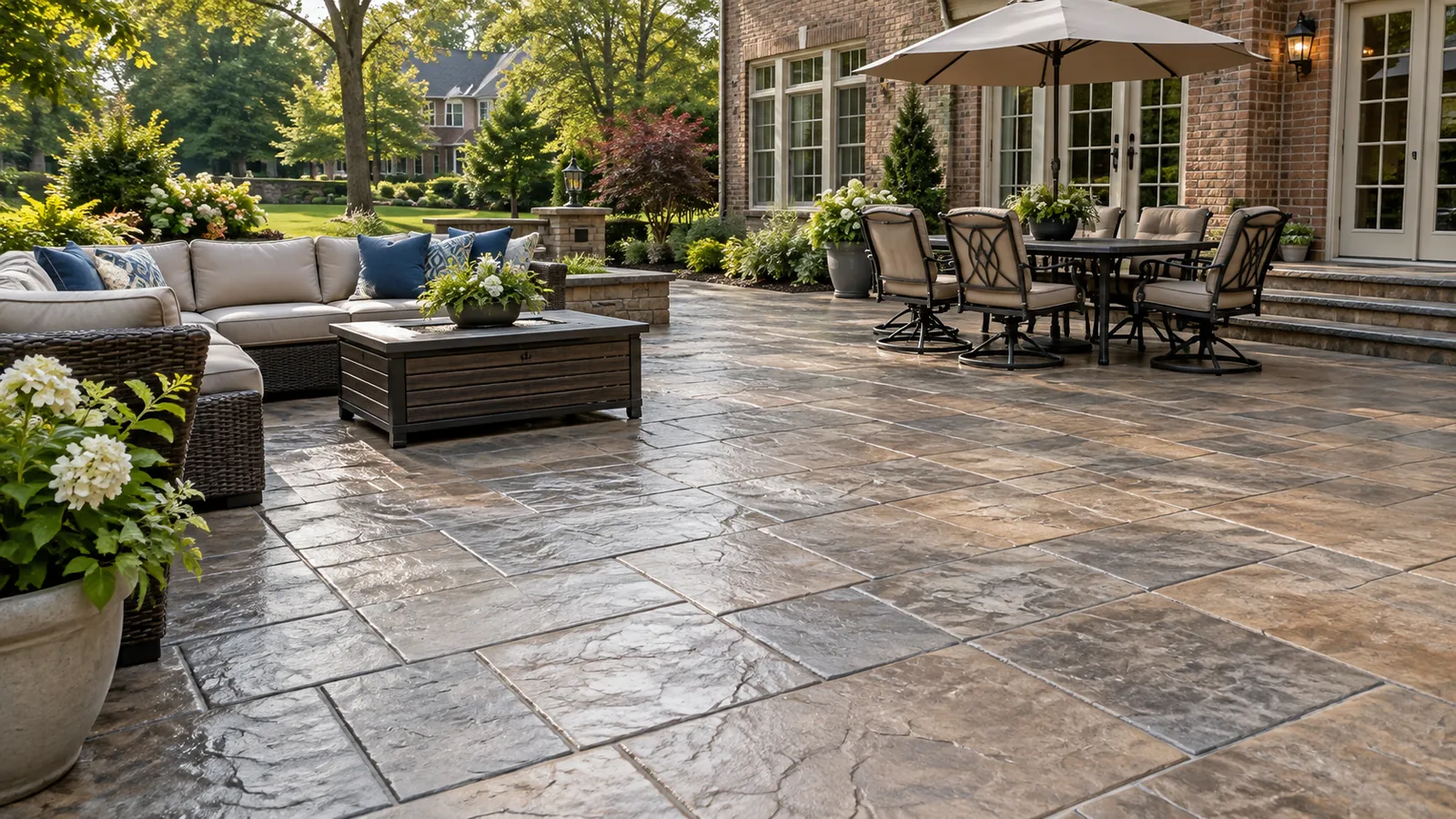 Stamped concrete patio in an ashlar slate pattern with outdoor sofa and dining set behind a brick home in Silver Spring, MD, by SiteDoctorMD