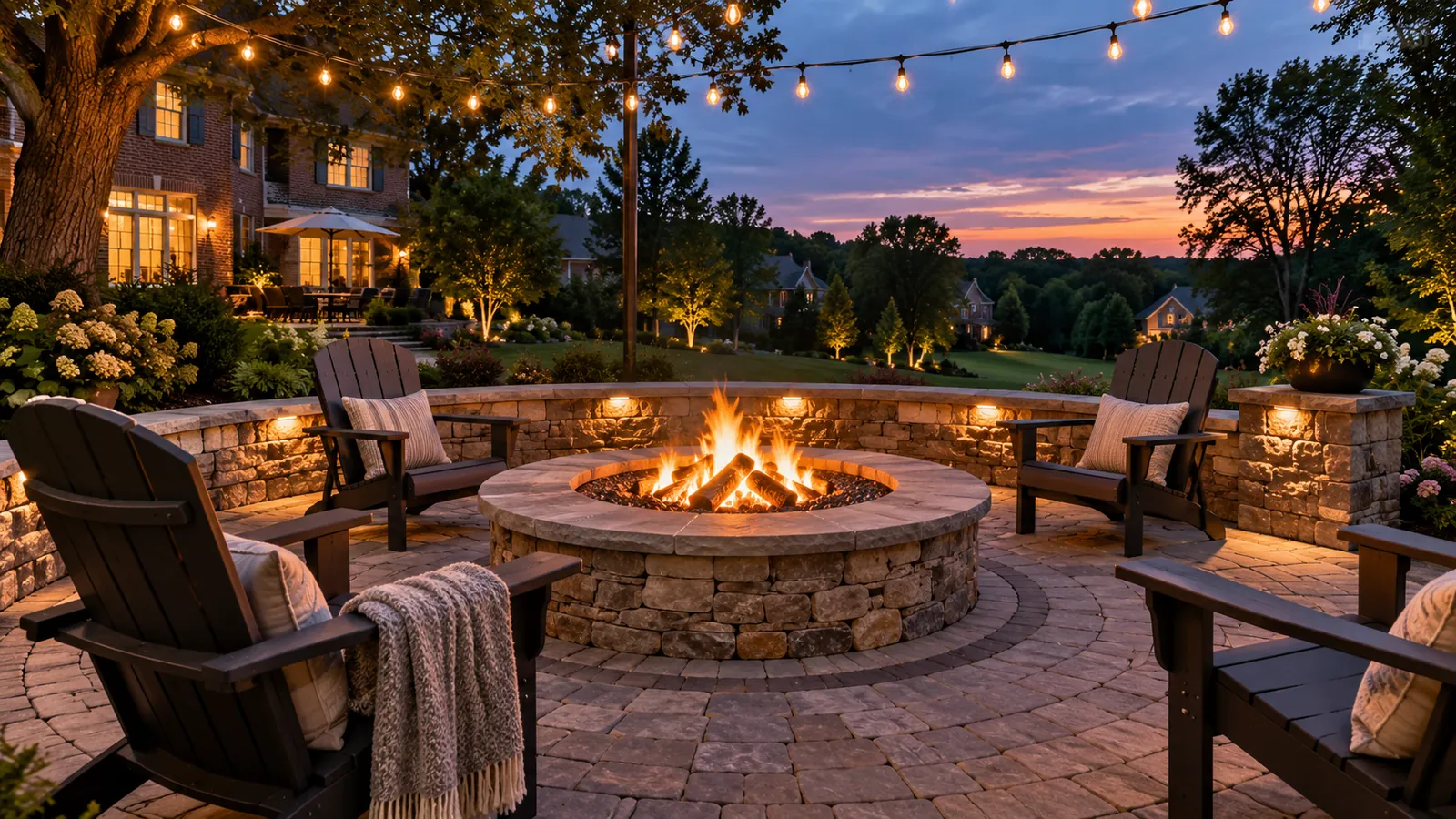 Round natural stone wood-burning fire pit on a paver patio with a lighted seat wall and string lights at dusk in Silver Spring, MD, by SiteDoctorMD