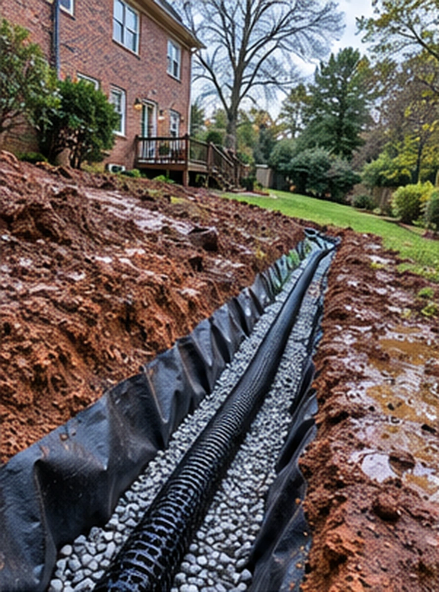 SiteDoctorMD French drain trench with perforated pipe, washed gravel, and filter fabric cut through clay soil in a Silver Spring, MD backyard
